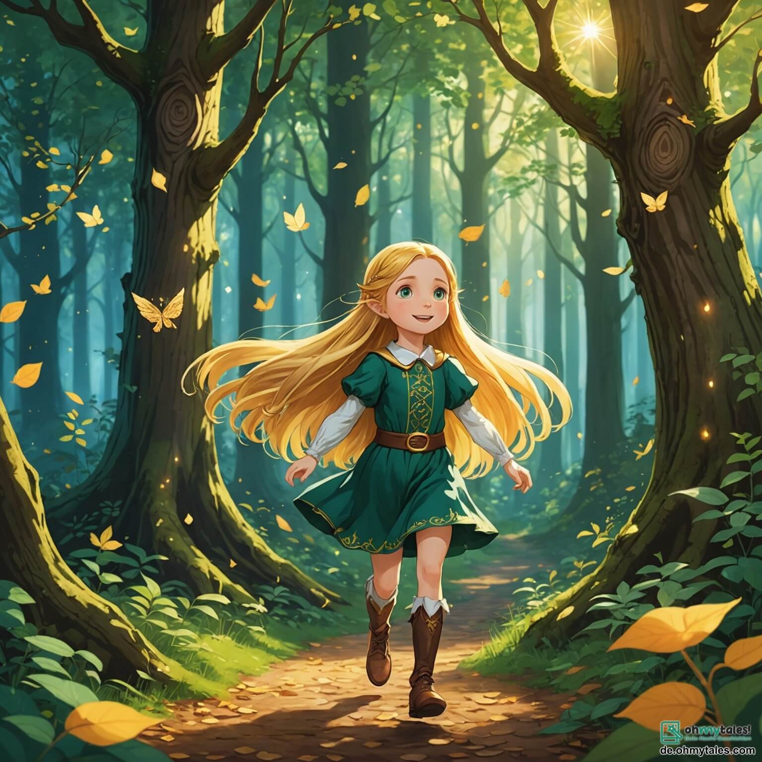 Une illustration destinée aux enfants représentant une petite fille aux longs cheveux dorés, pleine de curiosité et de courage, se lançant dans une aventure palpitante à travers un forêt enchantée où les arbres majestueux aux feuilles scintillantes dansent au gré du vent, tandis qu'un petit elfe aux ailes brillantes l'accompagne dans sa quête pour retrouver un précieux objet perdu.