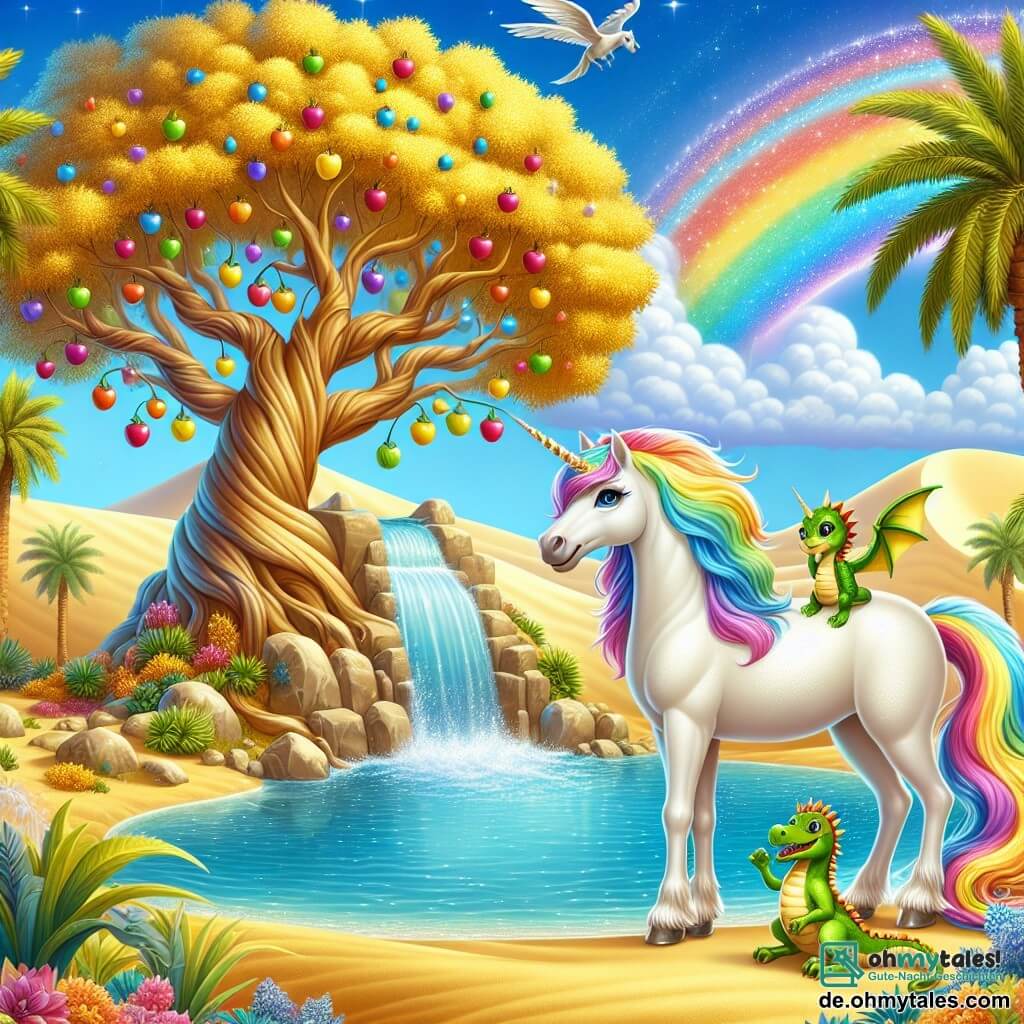 Illustration einer wunderschönen Oase, versteckt im Herzen einer weitläufigen Sanddünenlandschaft. Der Himmel ist strahlend blau, durchzogen von fluffigen Wolken, während majestätische Palmen um eine kristallklare Wasserquelle stehen, die unter der Sonne glitzert. Im Zentrum der Szene steht stolz eine strahlende Einhorn, deren schneeweißes Fell glänzt und deren Regenbogenmähne sanft im Wind weht. Neugierig betrachtet sie einen großen Baum mit bunten Blättern, dessen Früchte wie Sterne funkeln. An ihrer Seite sitzt ein kleiner, zotteliger Drache mit grünen und gelben Schuppen auf ihrem Rücken. Seine schelmischen Augen blitzen, und seine kleinen Flügel schlagen sanft, während er die Landschaft mit Staunen betrachtet. Gemeinsam erkunden sie diese magische Oase und entdecken die Schönheit um sie herum. Die Hauptsituation zeigt das Einhorn und den Drachen, die sich entschlossen auf ein Rätsel vorbereiten, mit einem bestimmten Ausdruck auf ihren Gesichtern. Zusätzliche grafische Elemente umfassen bunte Blumen um die Quelle, exotische Vögel, die am Himmel fliegen, und ein sanftes Licht, das die Szene erhellt und eine bezaubernde, einladende Atmosphäre schafft.