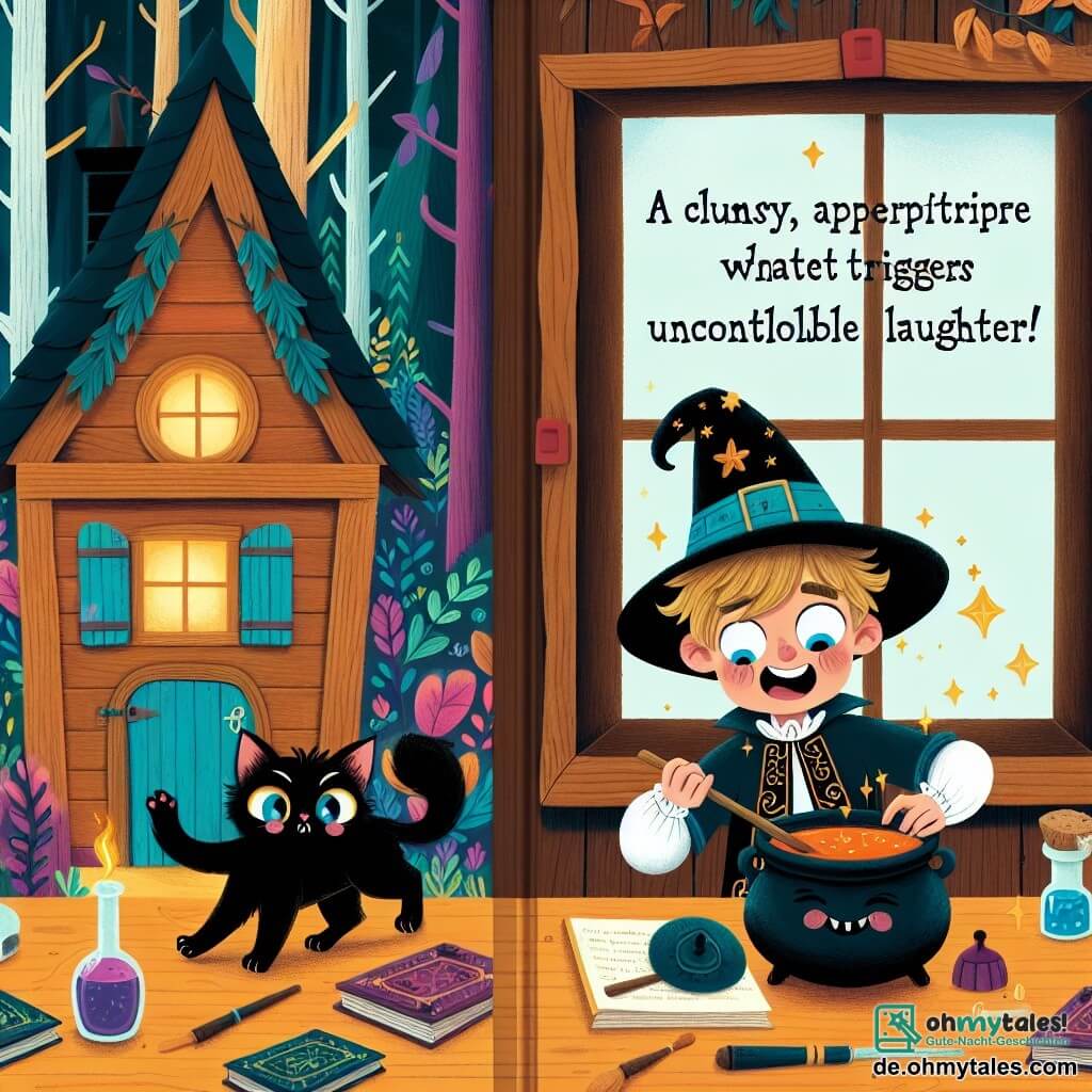 Une illustration destinée aux enfants représentant un jeune apprenti sorcier maladroit, une potion magique qui déclenche des rires incontrôlables, une chatte noire espiègle avec des yeux brillants, dans une petite maison en bois aux volets colorés située en lisière d'une forêt enchantée où les arbres semblent chuchoter des secrets magiques.
