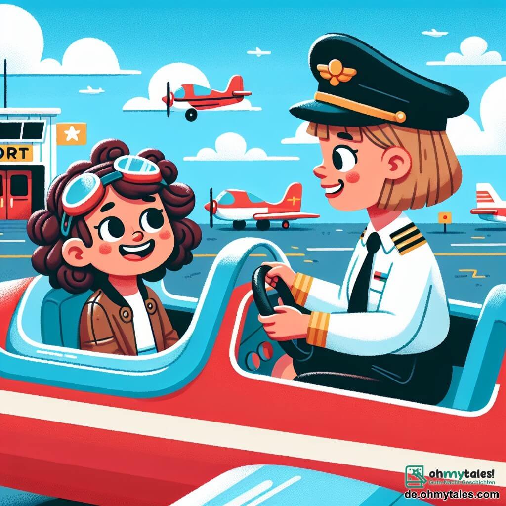 Une illustration sous forme de dessin destinée aux enfants représentant un petit aéroport ensoleillé avec des avions colorés sur la piste, où une jeune fille aux cheveux bruns et bouclés, portant une combinaison de pilote et un grand sourire, est assise dans le cockpit d'un petit avion rouge, tandis qu'une jeune femme aux cheveux blonds et courts, habillée en uniforme de pilote, lui montre comment utiliser les commandes, le tout sous un ciel bleu parsemé de nuages blancs, illustrant le rêve d'apprendre à voler.