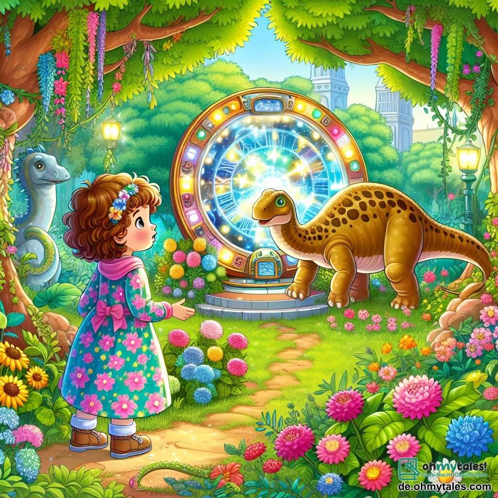 Une illustration sous forme de dessin destinée aux enfants représentant un jardin secret luxuriant, rempli de fleurs colorées et d'arbres verdoyants, où une petite fille de 5 ans aux cheveux bouclés et aux yeux pétillants, vêtue d'une robe à fleurs, explore avec émerveillement une machine à voyager dans le temps brillante et colorée, tandis qu'un grand et amical dinosaure herbivore, un Brachiosaurus, se tient paisiblement à proximité, créant une atmosphère magique d'aventure et de découverte.