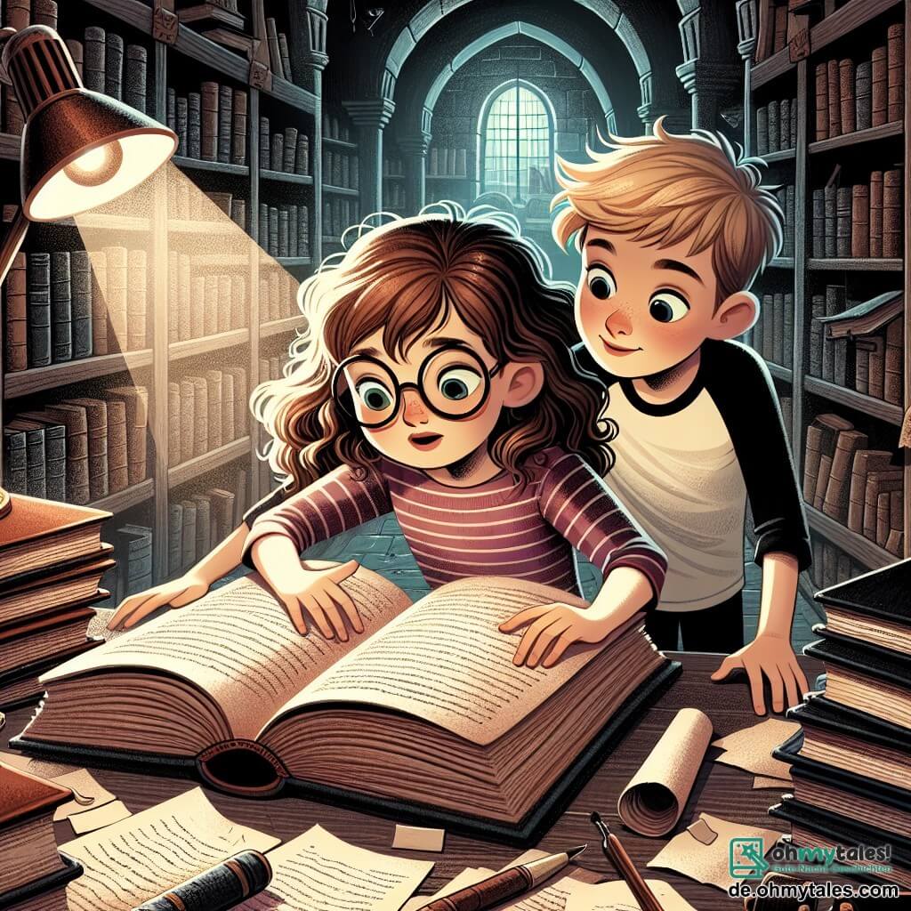 Une illustration sous forme de dessin destinée aux enfants représentant une vieille bibliothèque sombre et mystérieuse, avec des étagères pleines de livres anciens et poussiéreux, où une fille de 11 ans aux cheveux bruns et bouclés, portant des lunettes et un t-shirt à rayures, feuillette un grand livre ouvert sur une table, tandis qu'un garçon de 11 ans aux cheveux blonds et courts, vêtu d'une chemise à carreaux, se penche par-dessus son épaule avec un regard curieux, tous deux plongés dans la recherche d'indices sur un ancien amulett, entourés de feuilles de papier éparpillées et d'une faible lumière provenant d'une lampe de bureau.