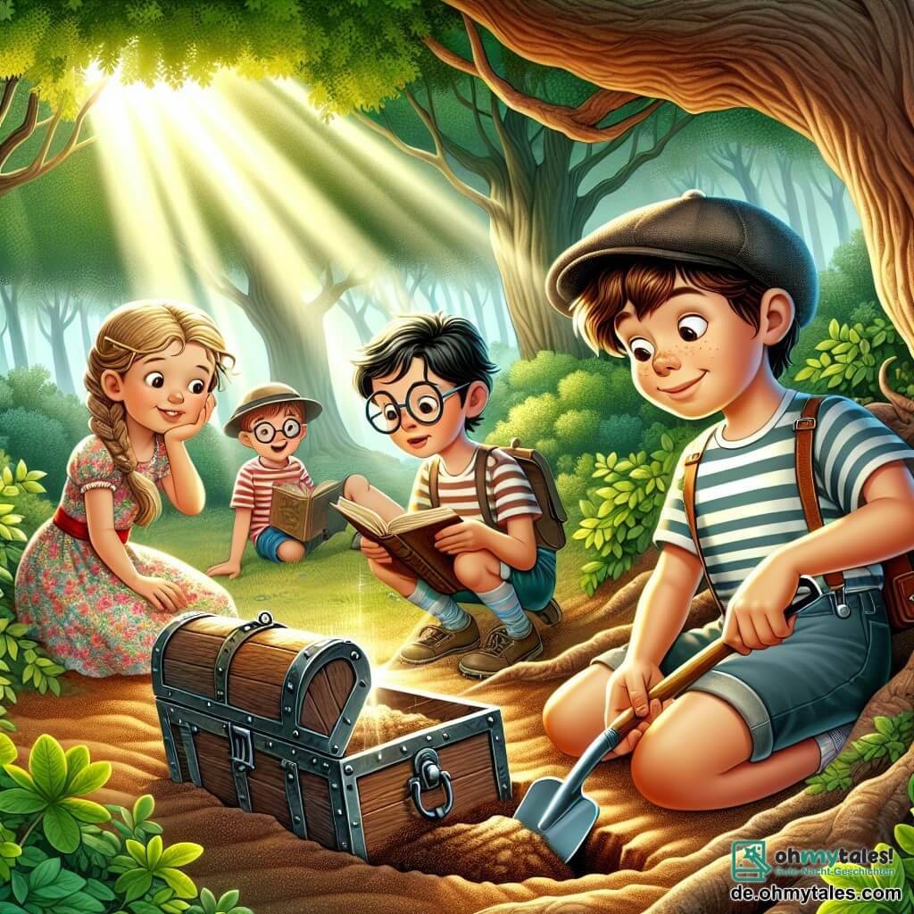 Une illustration sous forme de dessin destinée aux enfants représentant une clairière ensoleillée au cœur d'une forêt verdoyante, où un garçon de 9 ans aux cheveux bruns en bataille, portant un t-shirt rayé et un short, est accroupi en train de fouiller dans la terre avec une petite pelle, tandis qu'à ses côtés, une fille aux cheveux blonds tressés, vêtue d'une robe à fleurs, observe attentivement un vieux livre poussiéreux, et un autre garçon aux lunettes rondes et à la casquette, qui tient une loupe, scrute les alentours avec curiosité, tous trois sur le point de découvrir un ancien trésor caché dans un coffre enfoui sous un grand arbre.