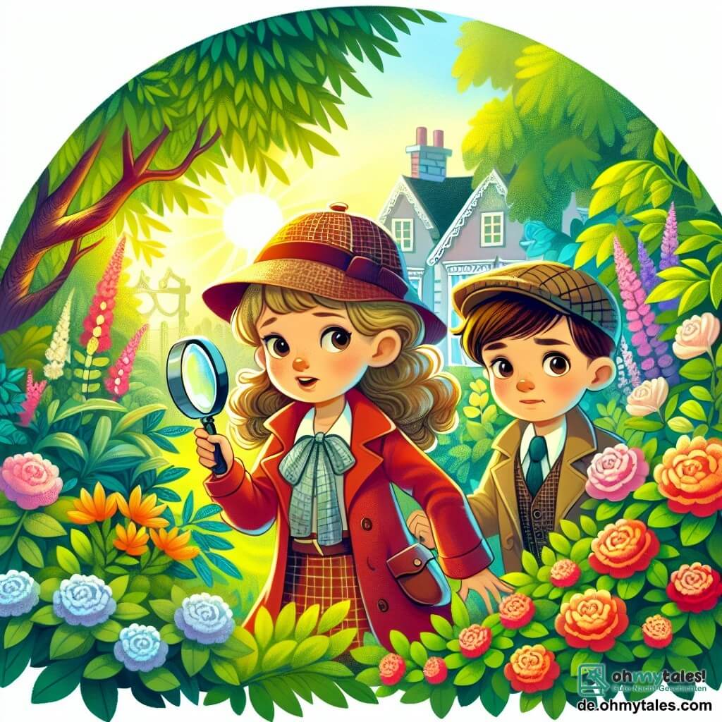 Une illustration destinée aux enfants représentant une courageuse petite fille détective, accompagnée de son fidèle ami garçon, enquêtant sur un mystérieux vol dans un jardin ensoleillé rempli de fleurs colorées et d'arbres verdoyants.