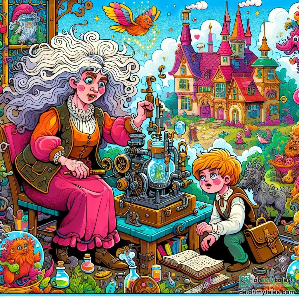 Une illustration destinée aux enfants représentant une femme excentrique aux cheveux sauvages, inventant une machine magique avec l'aide d'un petit garçon curieux, dans un village coloré et enchanteur rempli de créatures fantastiques.