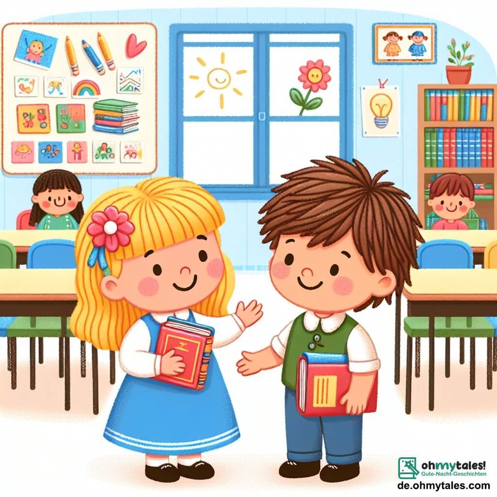Une illustration destinée aux enfants représentant une jeune fille timide et réservée, faisant la connaissance d'une autre fille joyeuse et accueillante, dans une salle de classe lumineuse et colorée remplie de dessins et de livres.
