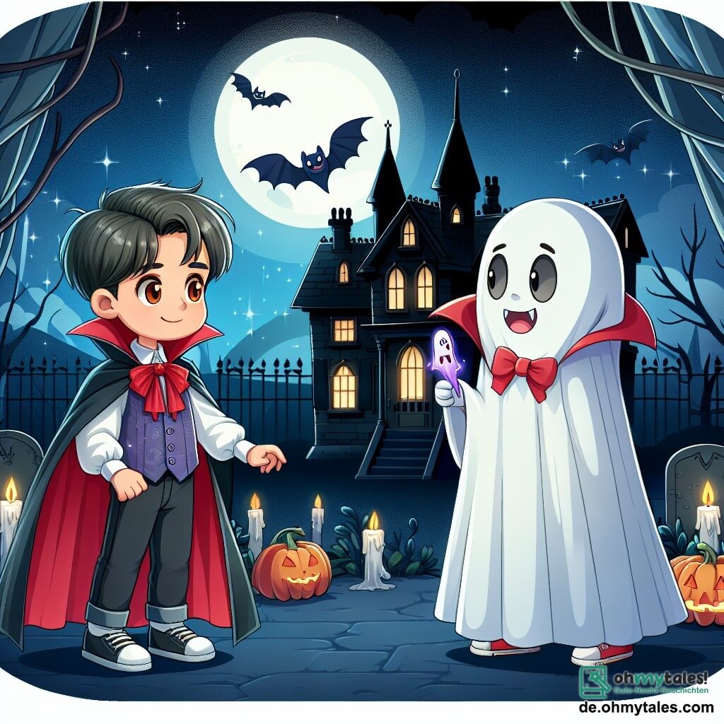 Une illustration destinée aux enfants représentant un garçon déguisé en vampire, faisant la rencontre d'un garçon déguisé en fantôme, dans un vieux et sombre manoir abandonné lors d'une nuit d'Halloween magique.
