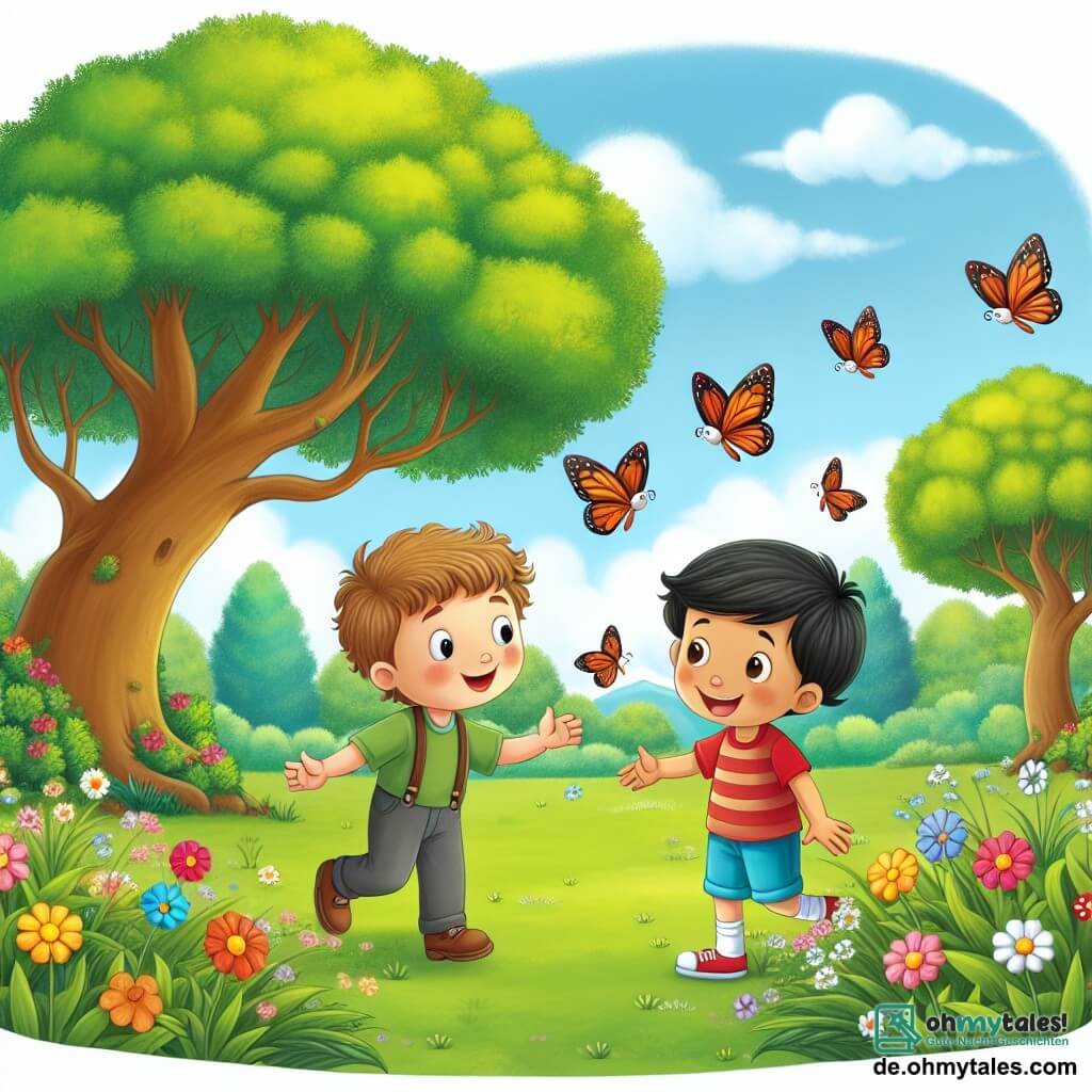 Une illustration destinée aux enfants représentant un garçon avenant rencontrant un nouveau garçon timide dans un parc verdoyant aux arbres majestueux et aux fleurs colorées, avec des papillons virevoltant joyeusement autour d'eux.
