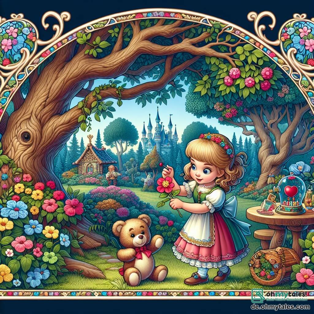 Une illustration destinée aux enfants représentant une petite fille espiègle préparant une surprise pour son papa, accompagnée de son fidèle ours en peluche, dans un jardin enchanté bordé d'arbres majestueux et de fleurs colorées.