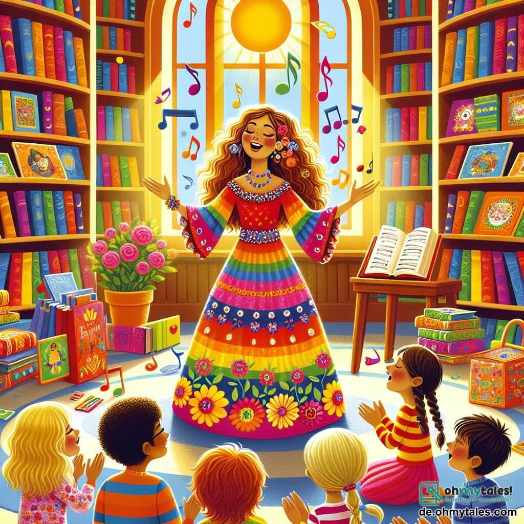 Eine Illustration zeigt eine lebendige Szene in einer bunten Bibliothek, mit Regalen voller Bücher mit leuchtenden Einbänden und Fenstern, die Sonnenlicht hereinlassen und eine warme, einladende Atmosphäre schaffen. In der Mitte singt eine Frau mit langen, lockigen Haaren, gekleidet in einem bunten Kleid mit Musiknoten, fröhlich und hält ein offenes Buch in den Händen. Ihr Gesicht strahlt Leidenschaft und Glück aus und zieht die Aufmerksamkeit der Kinder um sie herum an. Unter den Nebenfiguren applaudiert ein etwa 8-jähriger Junge mit zerzausten braunen Haaren und einem gestreiften T-Shirt begeistert, während ein 7-jähriges Mädchen mit geflochtenen blonden Haaren und einem Blumenkleid lächelt und im Duett mit ihr singt. Die Kinder, die im Kreis auf dem Boden sitzen, sind alle von der Magie der Musik gefesselt, ihre Augen leuchten vor Aufregung. Die Hauptsituation zeigt die Frau, die ihre Leidenschaft für Musik mit den Kindern teilt, die aktiv teilnehmen, indem sie gemeinsam singen und lachen. Musiknoten schweben in der Luft und verleihen der Szene einen Hauch von Magie, während bunte Musikinstrumente wie Tamburine und Maracas um sie herum verstreut sind und die Freude und Einheit symbolisieren, die die Musik bringt.