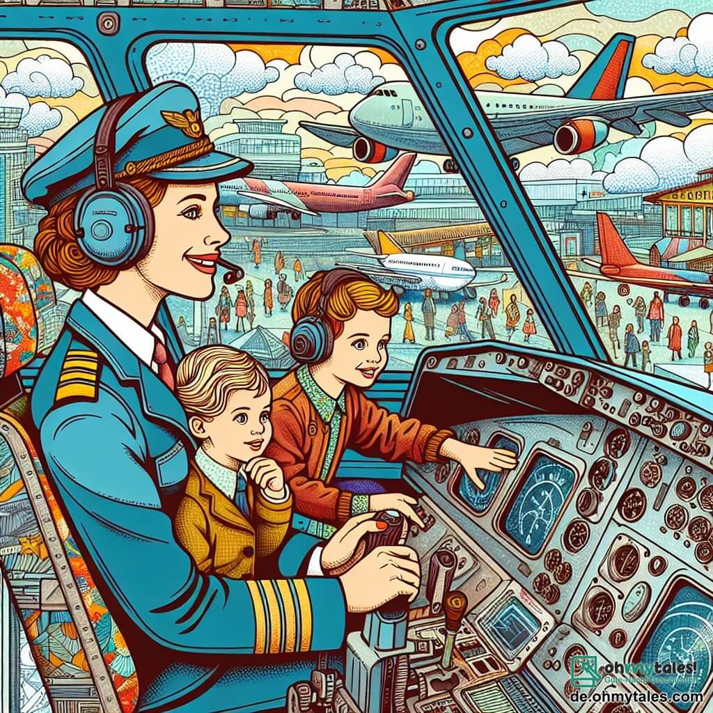Une illustration destinée aux enfants représentant une femme pilote d'avion, accompagnée de sa fille et de son fils, explorant le cockpit d'un grand avion sur un aéroport animé, avec des avions colorés et un ciel bleu parsemé de nuages moelleux.