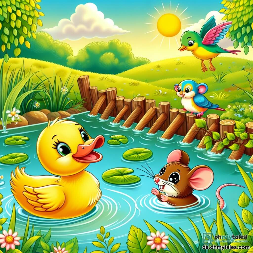 Une illustration sous forme de dessin destinée aux enfants représentant un paisible teich entouré de verdure, où un petit canard aux plumes jaunes éclatantes glisse joyeusement sur l'eau, tandis qu'à ses côtés, une petite souris brune aux yeux pétillants et un oiseau au plumage coloré volent en cercle, tous trois s'affairant à dégager un barrage de branches et de feuilles qui obstrue le cours d'un ruisseau, sous un ciel ensoleillé parsemé de nuages moelleux.