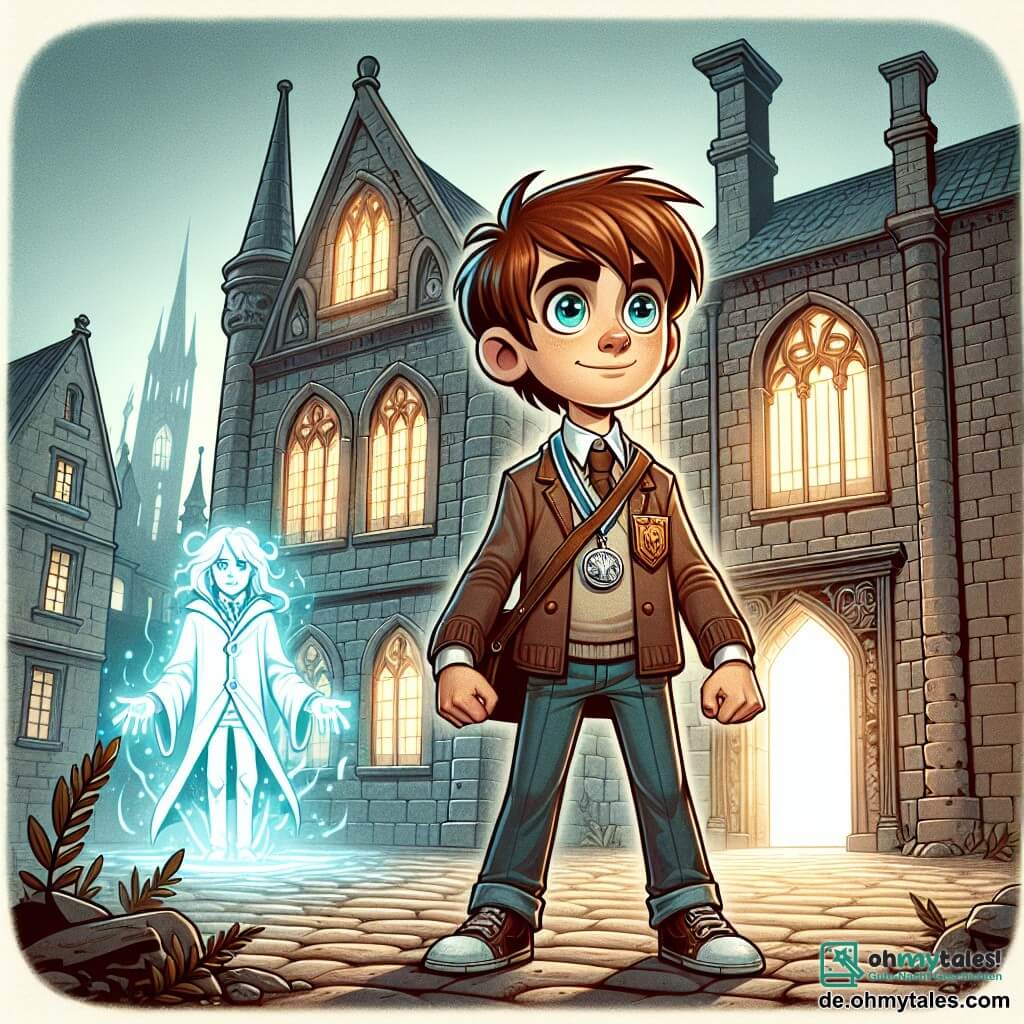 Une illustration sous forme de dessin destinée aux enfants représentant un ancien bâtiment de style gothique, avec des murs en pierre et des fenêtres ornées, dans une rue pavée de la ville d'Eldoria, où un garçon de 11 ans aux cheveux châtains et aux yeux pétillants, portant une médaille argentée autour du cou, se tient courageusement devant un portail magique lumineux, tandis qu'à ses côtés, sa meilleure amie, une fille aux cheveux longs et blonds, observe avec détermination, alors qu'une ombre menaçante se profile derrière eux, symbolisant la lutte entre la lumière et l'obscurité dans cette aventure de fantasy urbaine.