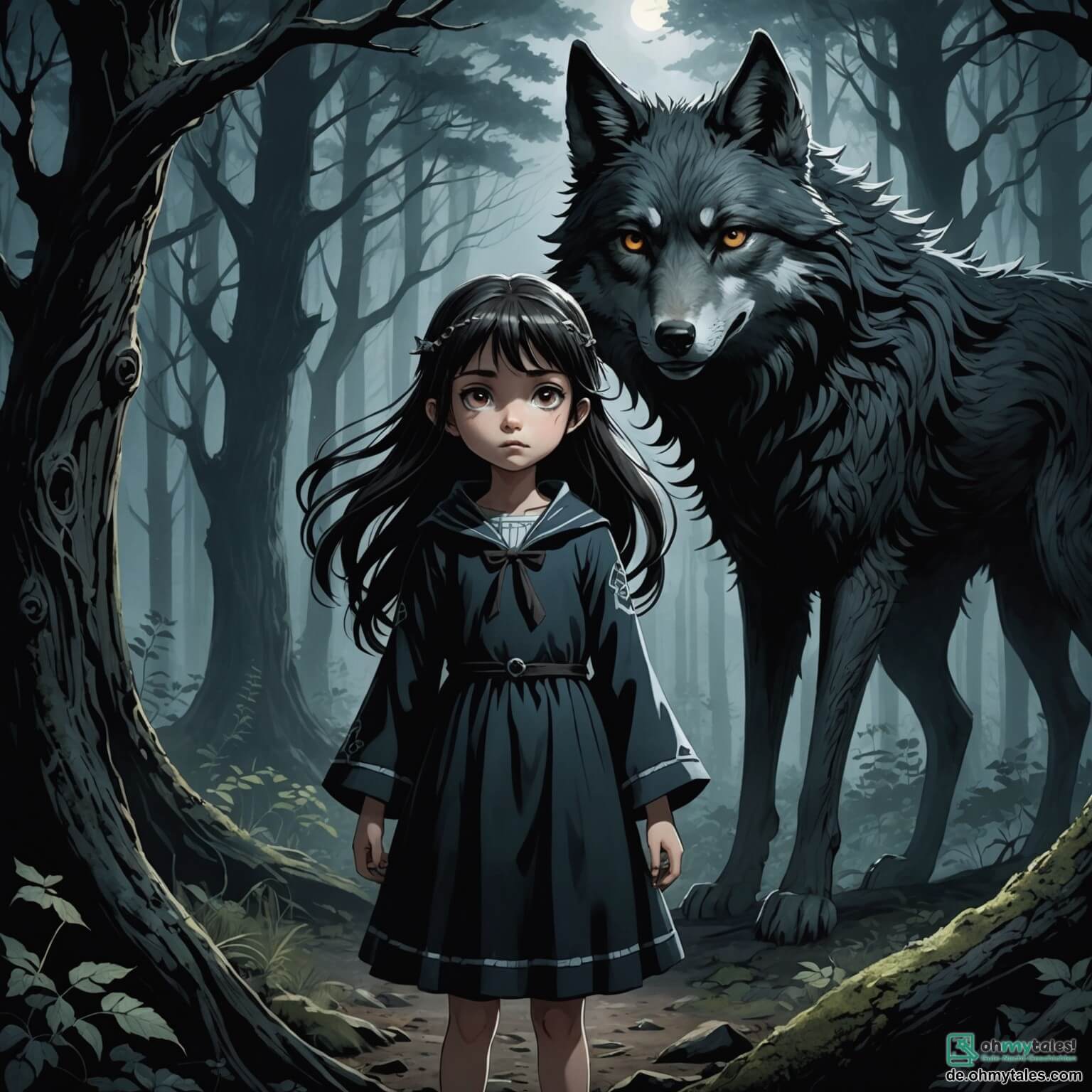 Une illustration destinée aux enfants représentant une fille aux cheveux noirs comme la nuit, avec des yeux pétillants de curiosité, se tenant au bord d'une forêt sombre et mystérieuse, où les arbres tordus et noueux semblent chuchoter des secrets anciens, tandis qu'un loup au pelage argenté, à la fois majestueux et menaçant, l'observe depuis l'ombre, alors qu'elle s'apprête à pénétrer dans ce monde effrayant à la recherche d'un trésor perdu.