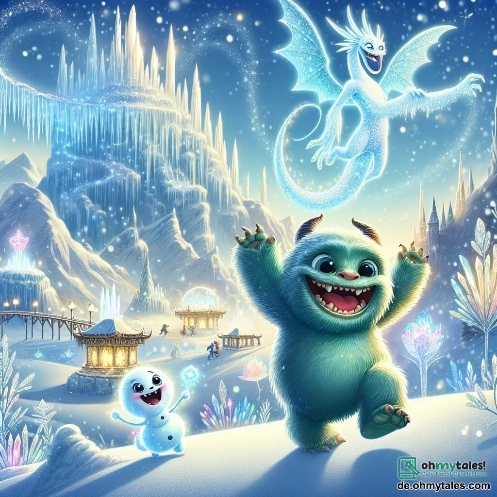 Eine Illustration zeigt eine märchenhafte Landschaft auf den majestätischen Frostbergen, wo funkelnde Kristalle und Eisskulpturen unter einem hellblauen Himmel strahlen. Im Mittelpunkt der Szene tanzt ein kleines, grünhaariges Monster mit großen runden Augen und einem fröhlich wackelnden kleinen Schwanz, während es breit lächelt. An seiner Seite schwebt ein kleines magisches Wesen, das wie ein lebendiger Schneeball aussieht, mit dünnen Armen und funkelnden Augen, lacht und ermutigt das Monster, weiter zu tanzen. Im Hintergrund beobachtet ein riesiger Eisdrachen mit schimmernden Schuppen und majestätischen Flügeln die Szene mit einem wohlwollenden Blick. Die Hauptsituation zeigt das Monster und seinen Freund, die die wiederentdeckte Magie der Berge feiern, umgeben von wirbelnden Schneeflocken und funkelnden Lichtern, was eine fröhliche und bezaubernde Atmosphäre schafft.