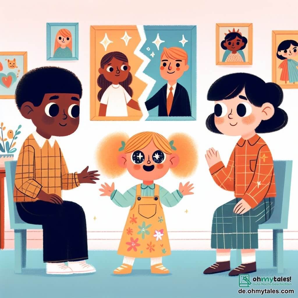 Une illustration destinée aux enfants représentant une fillette confrontée à la séparation de ses parents, accompagnée de sa nouvelle amie, une autre fillette aux cheveux bouclés et aux yeux pétillants, dans une petite chambre aux murs blancs ornés de dessins colorés et de photos de famille.