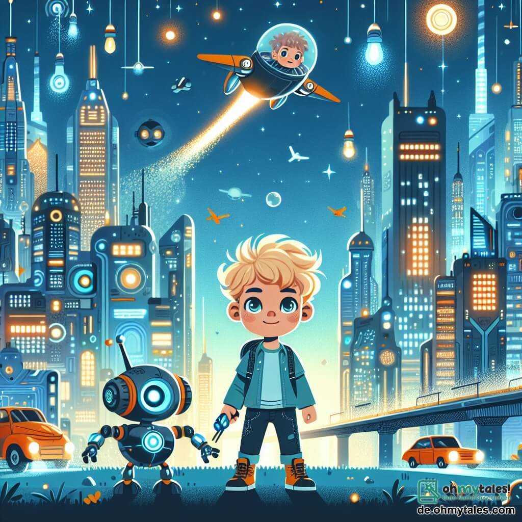 Une illustration destinée aux enfants représentant un petit garçon vivant dans une ville futuriste aux lumières éclatantes, accompagné de son fidèle robot volant, se battant contre la pollution dans la cité de Lumina, une métropole aux bâtiments futuristes et aux voitures volantes.