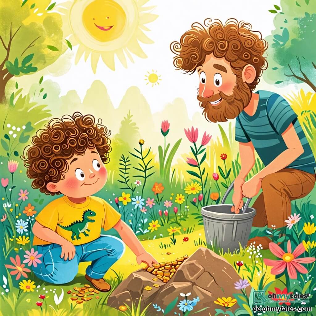 Une illustration sous forme de dessin destinée aux enfants représentant un jardin ensoleillé avec des fleurs colorées, où un garçon de 8 ans aux cheveux bouclés et aux yeux pétillants, vêtu d'un t-shirt avec un dinosaure, est accroupi en train de chercher un trésor sous un gros rocher, tandis qu'un homme souriant, son père, aux cheveux bruns et à la barbe légère, l'observe avec fierté, tenant un vieux seau, le tout évoquant une joyeuse chasse au trésor pour la fête des pères.