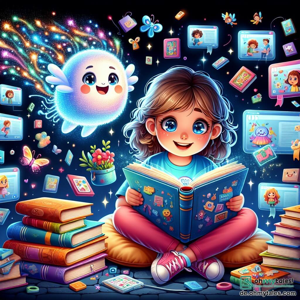 Eine Illustration zeigt eine farbenfrohe und lebendige Szene in einer virtuellen Bibliothek. Die Wände sind mit leuchtenden Buchcovern geschmückt, die wie Papierwolken in der Luft schweben. In der Mitte sitzt ein 11-jähriges Mädchen mit braunen, lockigen Haaren, einem blauen T-Shirt und einer rosa Hose auf einem weichen Kissen. Ihre Augen strahlen vor Aufregung, während sie ein großes Buch mit bunten Illustrationen und kreativen Projekten durchblättert. Neben ihr schwebt eine leuchtende, freundliche Kreatur, die einem kleinen Lichtwolken ähnelt und funkelnde Flügel sowie ein ermutigendes Lächeln hat. Die Hauptsituation zeigt das Mädchen, das Ideen für Bastelprojekte entdeckt, umgeben von Büchern und Spielen, während Lichtblitze und kleine digitale Schmetterlinge um sie herumtanzen und Kreativität sowie Vorstellungskraft symbolisieren. Im Hintergrund zeigen schwebende Bildschirme Botschaften über die Bedeutung des Gleichgewichts zwischen Bildschirmzeit und realen Aktivitäten, was dieser fröhlichen und inspirierenden Szene eine lehrreiche Note verleiht.