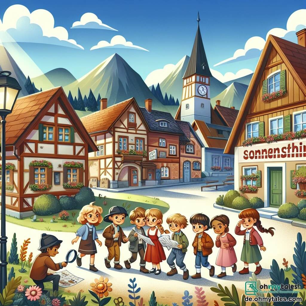 Une illustration destinée aux enfants représentant une courageuse fillette enquêtrice, accompagnée de ses amis, découvrant des indices mystérieux dans le pittoresque village de Sonnenschein.