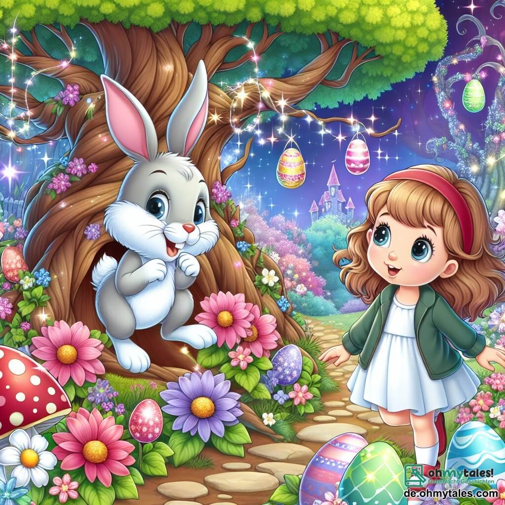 Une illustration destinée aux enfants représentant une fillette curieuse découvrant un Zaubergarten enchanté en compagnie d'un lapin malicieux, rempli de fleurs colorées, d'œufs de Pâques brillants et d'un grand arbre majestueux au cœur de son jardin familial.