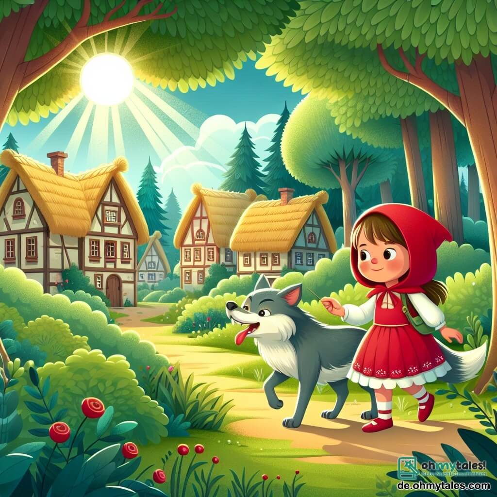 Une illustration destinée aux enfants représentant une jeune fille au capuchon rouge, se promenant dans une forêt enchantée, accompagnée d'un loup rusé, dans un village pittoresque bordé de maisons en bois aux toits de chaume, sous un ciel bleu azur et des rayons de soleil filtrant à travers les feuilles des arbres verdoyants.