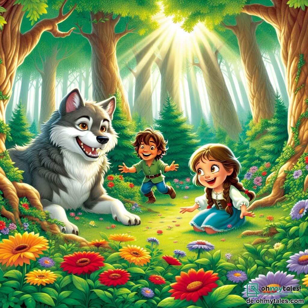 Illustration einer verzauberten Lichtung in einem dichten Wald, wo große, knorrige Bäume majestätisch emporragen und ihre grünen Blätter ein natürliches Dach bilden. Bunte Blumen in lebhaften Rot-, Gelb- und Violetttönen bedecken den Boden, während ein sanfter Sonnenstrahl durch die Äste bricht und die Szene in goldenes Licht taucht. Im Zentrum des Bildes lacht ein fünfjähriger Junge mit zerzausten braunen Haaren, während er Verstecken spielt. Neben ihm steht ein fünfjähriges Mädchen mit langen, geflochtenen blonden Haaren und funkelnden Augen, das neugierig einen großen grauen Wolf betrachtet, der sowohl imposant als auch freundlich wirkt, mit leuchtenden Augen und weichem Fell. Der Wolf, der auf seinen Hinterbeinen sitzt, zeigt einen fröhlichen Gesichtsausdruck und freut sich, in das Spiel einbezogen zu werden. Die Hauptsituation zeigt die Kinder und den Wolf, die zusammen spielen, und illustriert einen Moment unerwarteter Freude und Freundschaft. Bunte Vögel fliegen um sie herum und verleihen der Szene Leben, während ein Regenbogen im Hintergrund erscheint, der die Harmonie und Magie ihrer neuen Freundschaft symbolisiert.