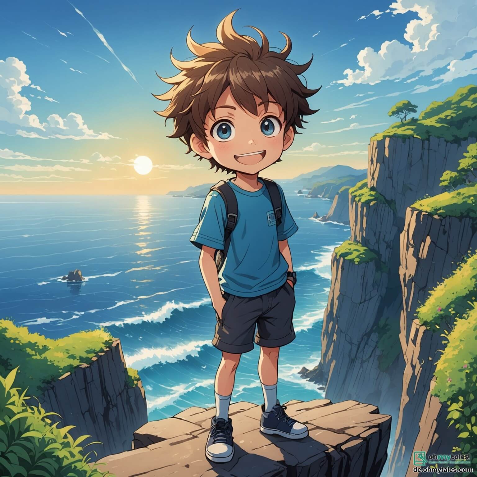 Une illustration destinée aux enfants représentant un garçon aux cheveux ébouriffés et aux yeux pétillants de malice, se tenant au bord d'une falaise surplombant un océan scintillant, prêt à relever le défi impossible de sauter d'une hauteur vertigineuse pour atteindre une île mystérieuse où l'attend une fille courageuse, sa meilleure amie, qui l'encourage depuis le rivage avec un sourire déterminé, tandis que des mouettes blanches dansent dans le ciel azur et que des vagues éclatantes se brisent contre les rochers en contrebas, créant un tableau vivant d'aventure et de camaraderie.