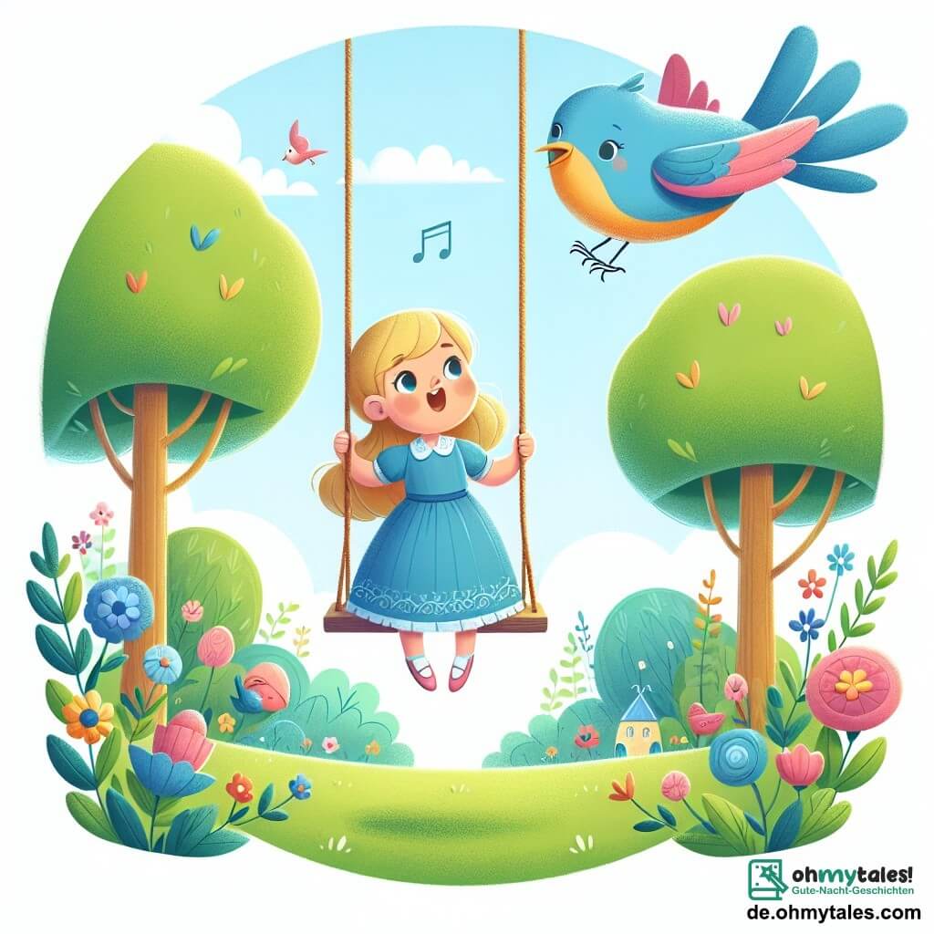 Une illustration destinée aux enfants représentant une fillette se tenant sur le bord d'une balançoire géante, prête à sauter dans les airs, accompagnée d'un petit oiseau bleu chantant joyeusement, dans un parc ensoleillé rempli de fleurs colorées et d'arbres verdoyants.