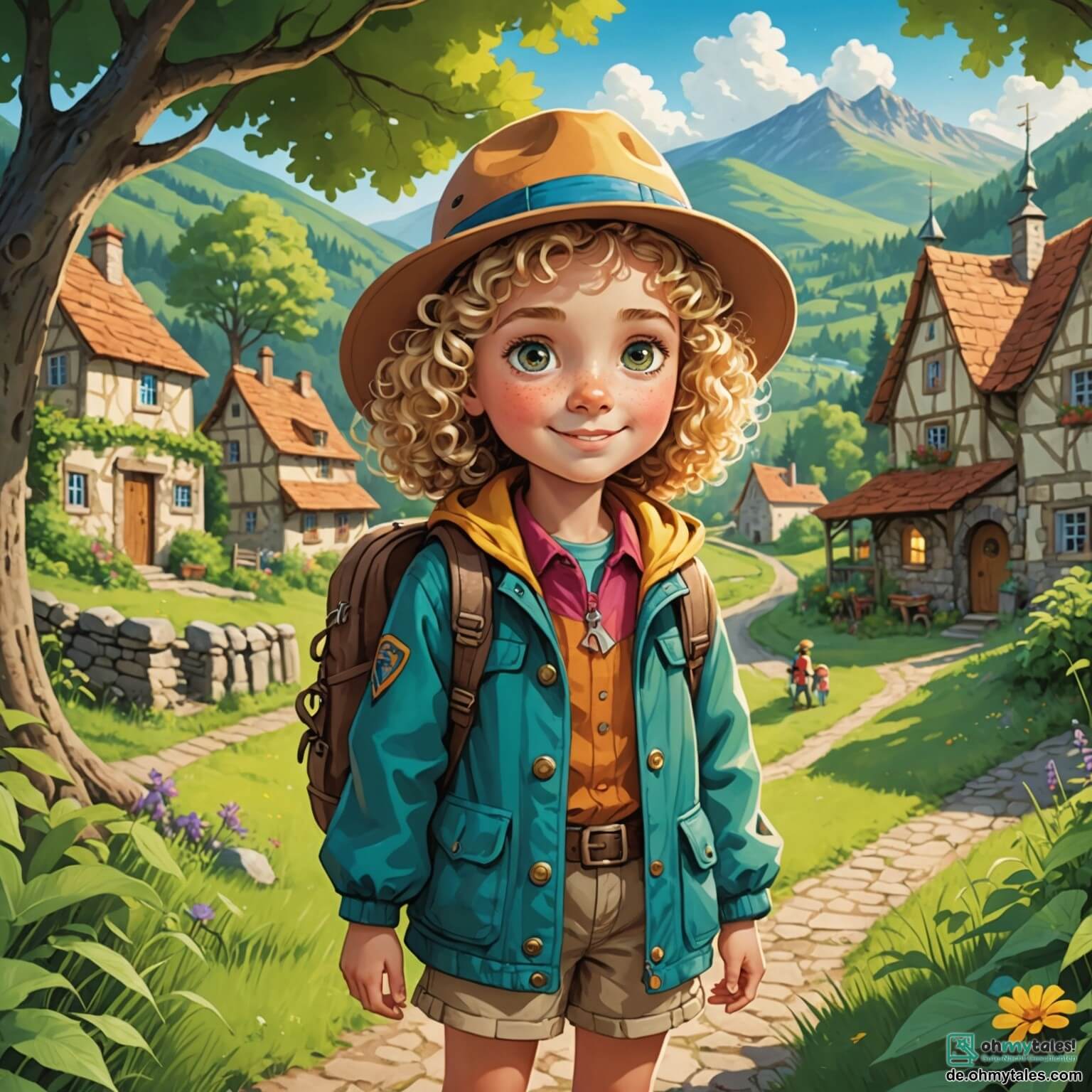 Une illustration destinée aux enfants représentant une petite fille aux cheveux bouclés et aux yeux pétillants de curiosité, vêtue d'une veste colorée et d'un chapeau d'exploratrice, se tenant au milieu d'un village pittoresque entouré de forêts verdoyantes, où elle, en compagnie de son meilleur ami, un garçon aux cheveux blonds et au sourire malicieux, se lance dans une quête palpitante pour retrouver un mystérieux trésor caché, tout en explorant des ruelles pavées bordées de maisons à colombages aux volets colorés, des jardins fleuris débordant de fleurs éclatantes et des arbres majestueux, sous un ciel bleu parsemé de nuages cotonneux.