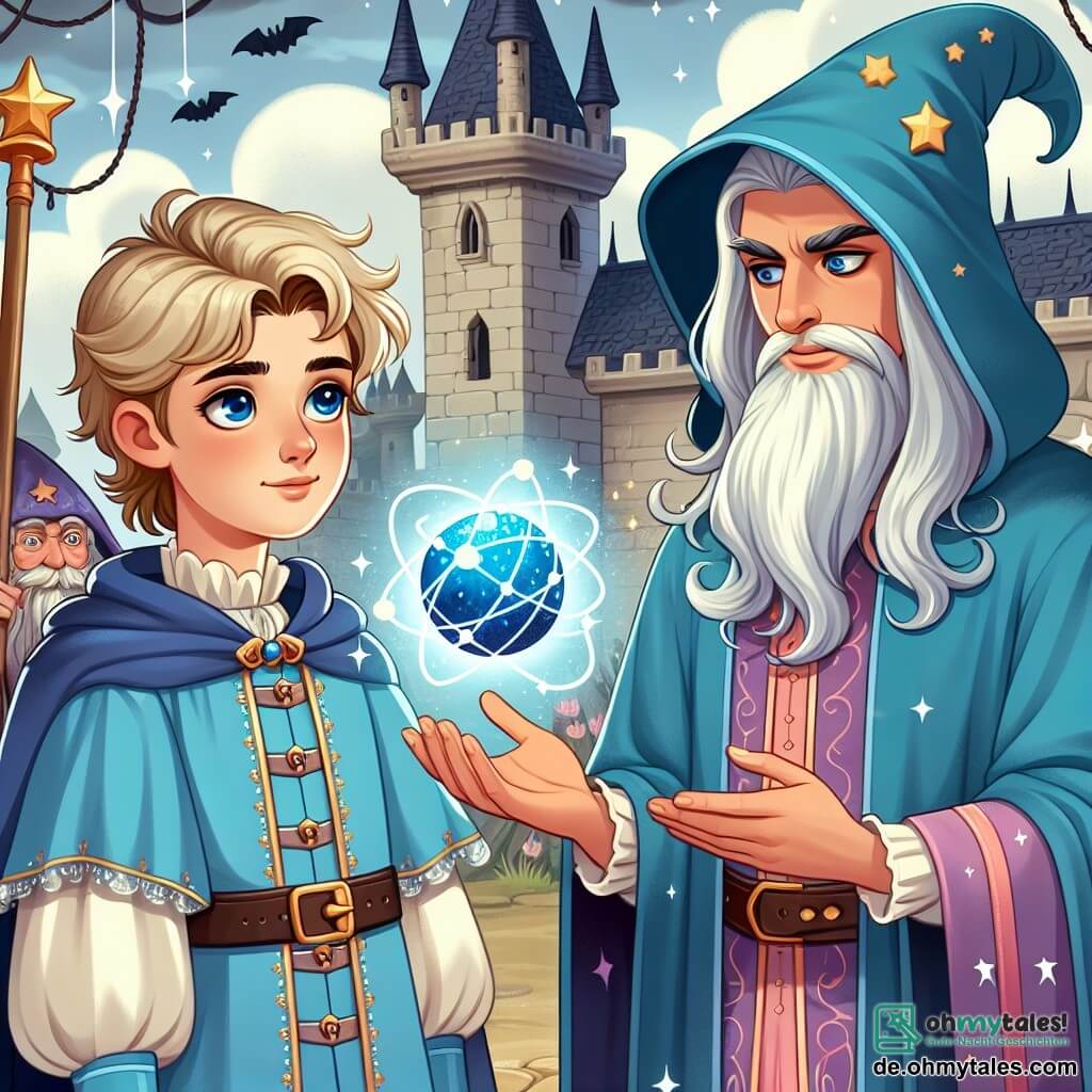 Une illustration destinée aux enfants représentant un jeune prince courageux confronté à une fausse accusation de vol par un sorcier maléfique, accompagné de sa fidèle amie, une belle magicienne aux cheveux argentés, dans un royaume enchanté rempli de mystères et de dangers.