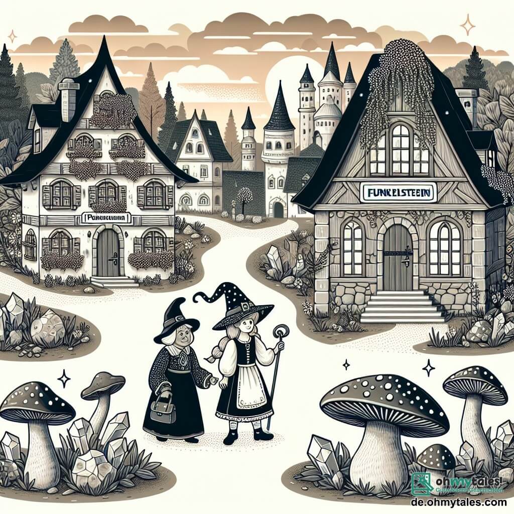 Une illustration destinée aux enfants représentant une jeune apprentie sorcière, vivant une aventure magique avec sa mentor, une vieille sorcière bienveillante, dans un village enchanté nommé Funkelstein, où les maisons sont en forme de champignons et les rues pavées de cristaux scintillants.