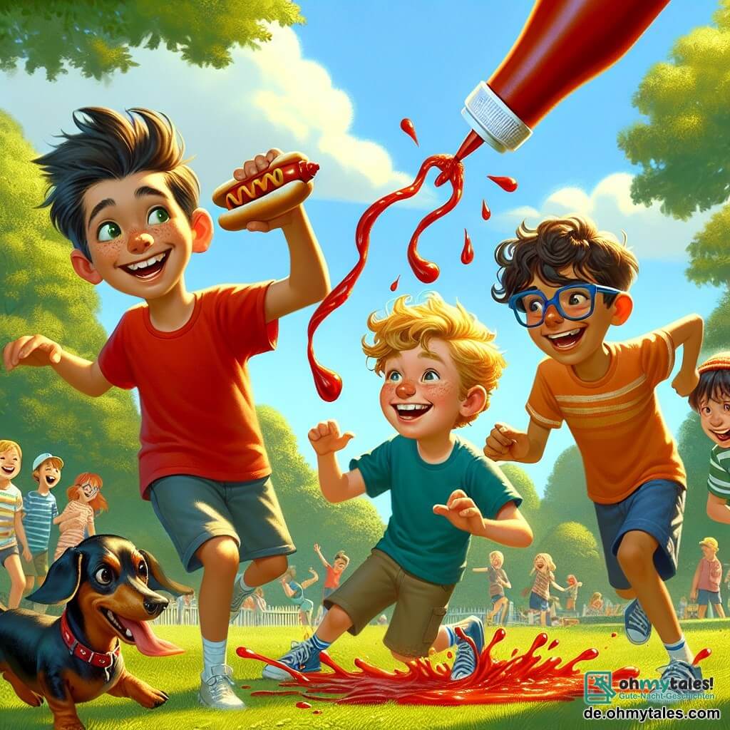 Illustration einer fröhlichen Szene in einem sonnigen Park mit grünen Bäumen und einem blauen Himmel, der mit flauschigen weißen Wolken übersät ist. Im Zentrum stehen vier Jungen im Alter von etwa 10 Jahren, alle lächelnd und voller Energie, die sich in einem Ketchupkampf befinden. Einer der Jungen mit zerzausten braunen Haaren und einem roten T-Shirt hebt eine Ketchupflasche über seinen Kopf, bereit zu werfen. Ein anderer, mit Brille und blonden Haaren, lacht und versucht, einem Spritzer roter Sauce auszuweichen. Der dritte, athletisch mit kurzen Haaren und einer blauen Shorts, rutscht auf einer Ketchuppfütze, während der kleinste mit lockigen Haaren und einem breiten Lächeln eine Wurst in einer Hand hält und versucht, einen kleinen Dackel anzulocken, der sich nähert, mit hängender Zunge und funkelnden, schelmischen Augen. Ketchupspritzer fliegen durch die Luft und schaffen eine festliche und kameradschaftliche Atmosphäre, während Kinder im Hintergrund lachen und die Szene amüsiert beobachten.