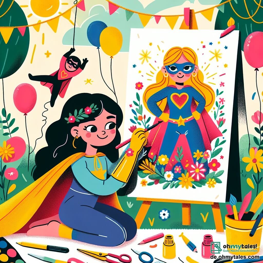 Une illustration destinée aux enfants représentant une fille créative et débrouillarde, confectionnant un portrait de superhéroïne pour sa maman, avec la présence d'un superhéros mystérieux et coloré dans un jardin ensoleillé rempli de ballons et de guirlandes.
