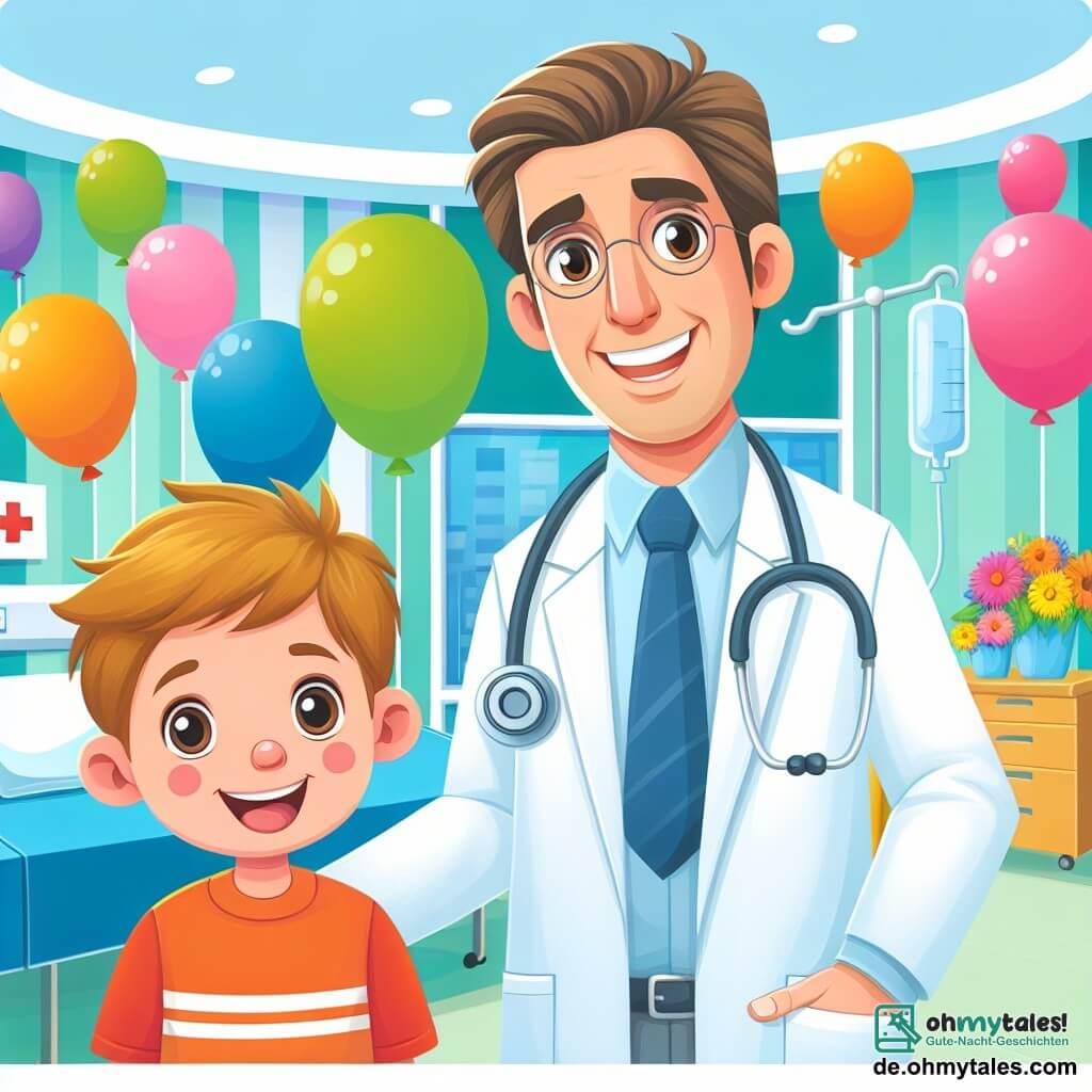 Une illustration destinée aux enfants représentant un médecin homme souriant et bienveillant, un garçon courageux et curieux, et un hôpital coloré avec des ballons et des fleurs.
