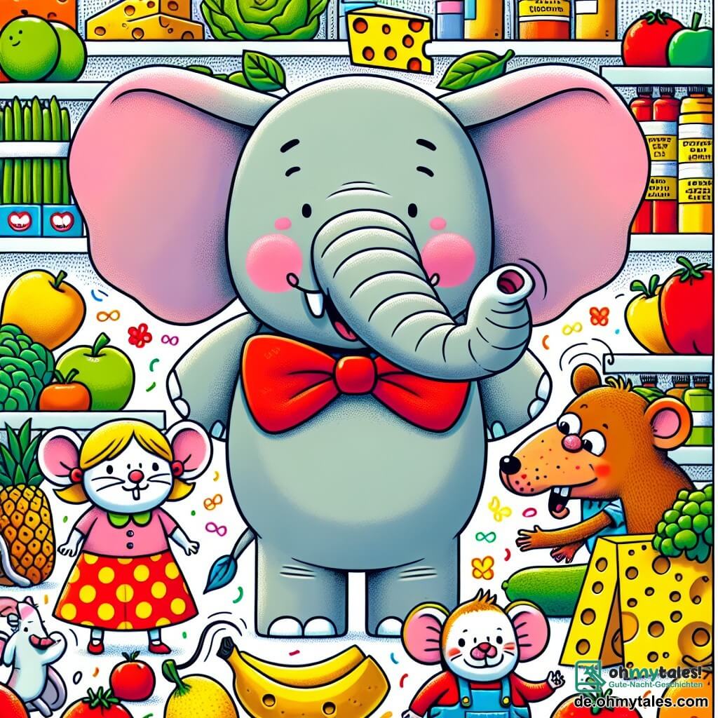 Une illustration destinée aux enfants représentant un éléphant garçon avec une grande fliege rouge, accompagné d'une petite souris fille et d'un singe garçon, vivant des aventures hilarantes dans un supermarché coloré rempli de fruits, légumes et fromages odorants.