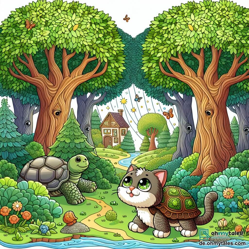 Une illustration destinée aux enfants représentant un chat curieux, aux yeux brillants comme des émeraudes, explorant un mystérieux bois enchanté en compagnie d'une vieille tortue sage, parmi les arbres majestueux aux feuilles dansant au vent, dans un village pittoresque bordé d'un ruisseau étincelant et de prairies verdoyantes.