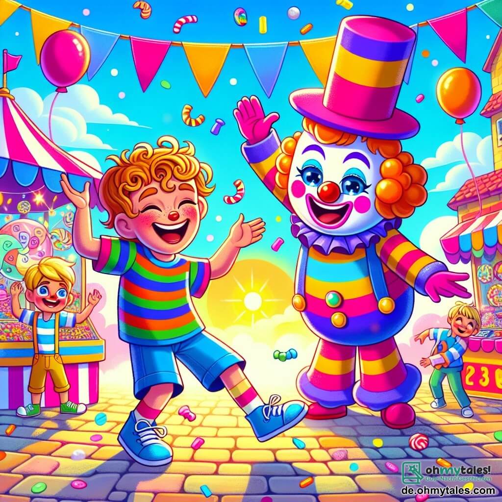 Une illustration sous forme de dessin destinée aux enfants représentant une scène vibrante du carnaval dans une petite ville colorée, avec des stands de friandises et des ballons flottants, où un garçon de 7 ans aux cheveux bouclés et au sourire éclatant danse joyeusement, vêtu d'un T-shirt à rayures colorées et portant une masque de clown, entouré de son meilleur ami, un garçon blond aux yeux pétillants qui le regarde avec admiration, tandis qu'une grande mascotte en forme de canard rose, avec un costume brillant, les invite à danser ensemble sous un ciel ensoleillé, remplie de confettis et de rires.