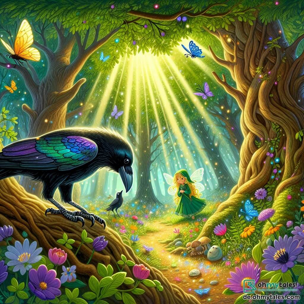 Illustration, die eine magische Szene im Herzen eines verwunschenen Waldes darstellt, wo große Bäume mit knorrigen Stämmen und leuchtend grünen Blättern ein natürliches Dach bilden. Sonnenstrahlen dringen durch das Laub und beleuchten einen kleinen Weg, gesäumt von bunten Blumen, die im Wind zu tanzen scheinen. Im Zentrum der Szene steht ein Rabe mit glänzend schwarzem Gefieder, das violette und blaue Reflexe zeigt, auf einem niedrigen Ast, mit leicht ausgebreiteten Flügeln, bereit zum Abflug. Seine neugierigen, funkelnden Augen beobachten einen geheimnisvollen Glanz am Boden, während er den Kopf zur Seite neigt. In der Nähe beobachtet eine kleine Elfe mit goldenen Haaren, gekleidet in ein Kleid aus Blütenblättern, den Raben mit einem bewundernden Lächeln, während ihre durchsichtigen Flügel im Licht funkeln. Die Hauptsituation zeigt den Raben, der einen glänzenden, bunten Kiesel entdeckt, ein Symbol für einen versteckten Schatz, während bunte Schmetterlinge um sie herumfliegen und dieser Begegnung einen Hauch von Magie verleihen.