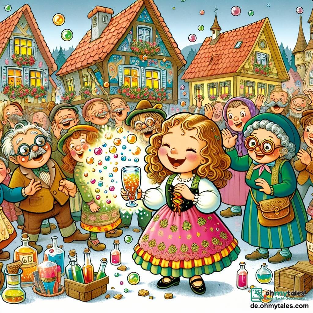 Une illustration sous forme de dessin destinée aux enfants représentant un charmant village de Schlummerhausen, avec des maisons colorées aux toits en pente, où une fille de 11 ans aux cheveux bouclés et châtain clair, vêtue d'une robe colorée, se tient au centre, tenant un verre de potion scintillante qui dégage des bulles de couleur, tandis qu'autour d'elle, des villageois aux expressions amusées, dont une vieille dame avec des lunettes et un jeune garçon aux grandes lunettes, rient et s'agitent, tous captivés par le spectacle d'un concours de magie comique, où le chaos et la joie se mêlent dans une ambiance festive.