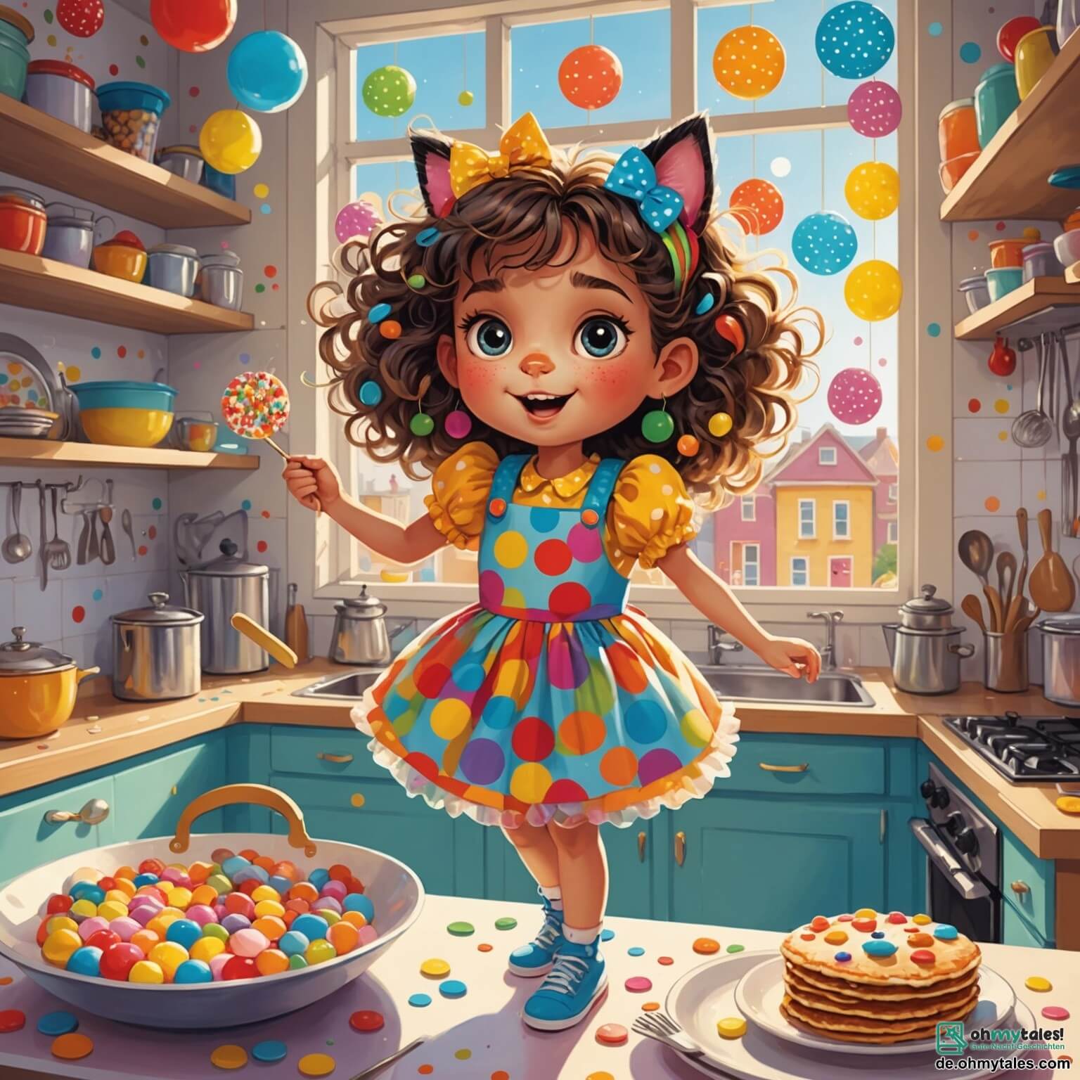 Une illustration destinée aux enfants représentant une fille aux cheveux en bataille, vêtue d'une robe à pois multicolores, qui se retrouve dans une cuisine où les murs sont tapissés de bonbons géants et où un chat aux yeux scintillants, à la fourrure arc-en-ciel, lui propose de préparer un petit-déjeuner loufoque avec des pancakes en forme de nuages et des fruits dansants, le tout baigné par la lumière dorée du matin filtrant à travers des fenêtres en forme de bonbons.