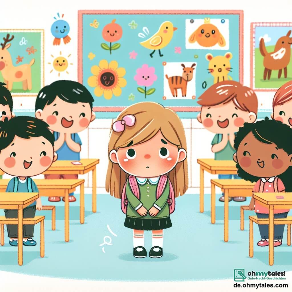 Une illustration destinée aux enfants représentant une petite fille timide et curieuse lors de son premier jour d'école, entourée de nouveaux amis joyeux, dans une salle de classe colorée avec des dessins d'animaux et de fleurs accrochés aux murs.