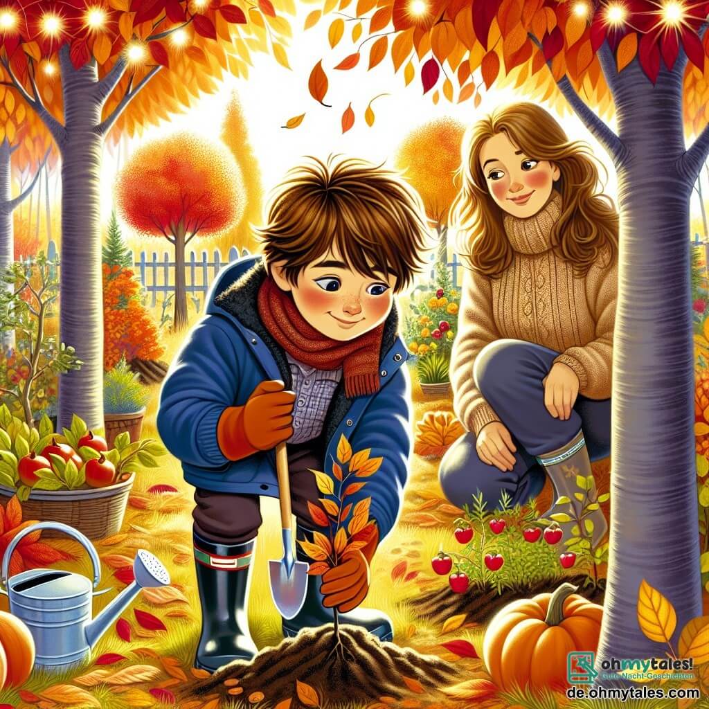Illustration eines herbstlichen Gartens, der vor Farben sprüht, mit Bäumen, deren Blätter golden, rot und orange sind, und einem Boden, der mit knusprigen Blättern bedeckt ist. In der Mitte hockt ein 11-jähriger Junge mit zerzausten kastanienbraunen Haaren und von der Kälte geröteten Wangen, während er eine kleine Schaufel in den Händen hält. Er trägt eine blaue Jacke und Gummistiefel, und sein Gesicht zeigt Konzentration und Freude, während er einen jungen Baum pflanzt. Neben ihm steht eine Frau in ihren Dreißigern mit langen braunen Haaren, die einen beigen Wollpullover trägt, sie beobachtet ihn mit einem wohlwollenden Lächeln und hält eine Gießkanne. Die Szene strahlt eine warme und einladende Atmosphäre aus, mit Sonnenstrahlen, die durch die Äste filtern und die Gesichter der Figuren sowie die leuchtenden Farben des Gartens erhellen. Kürbisse und Äpfel schmücken den Boden und verleihen diesem schönen Herbsttag einen festlichen Touch.