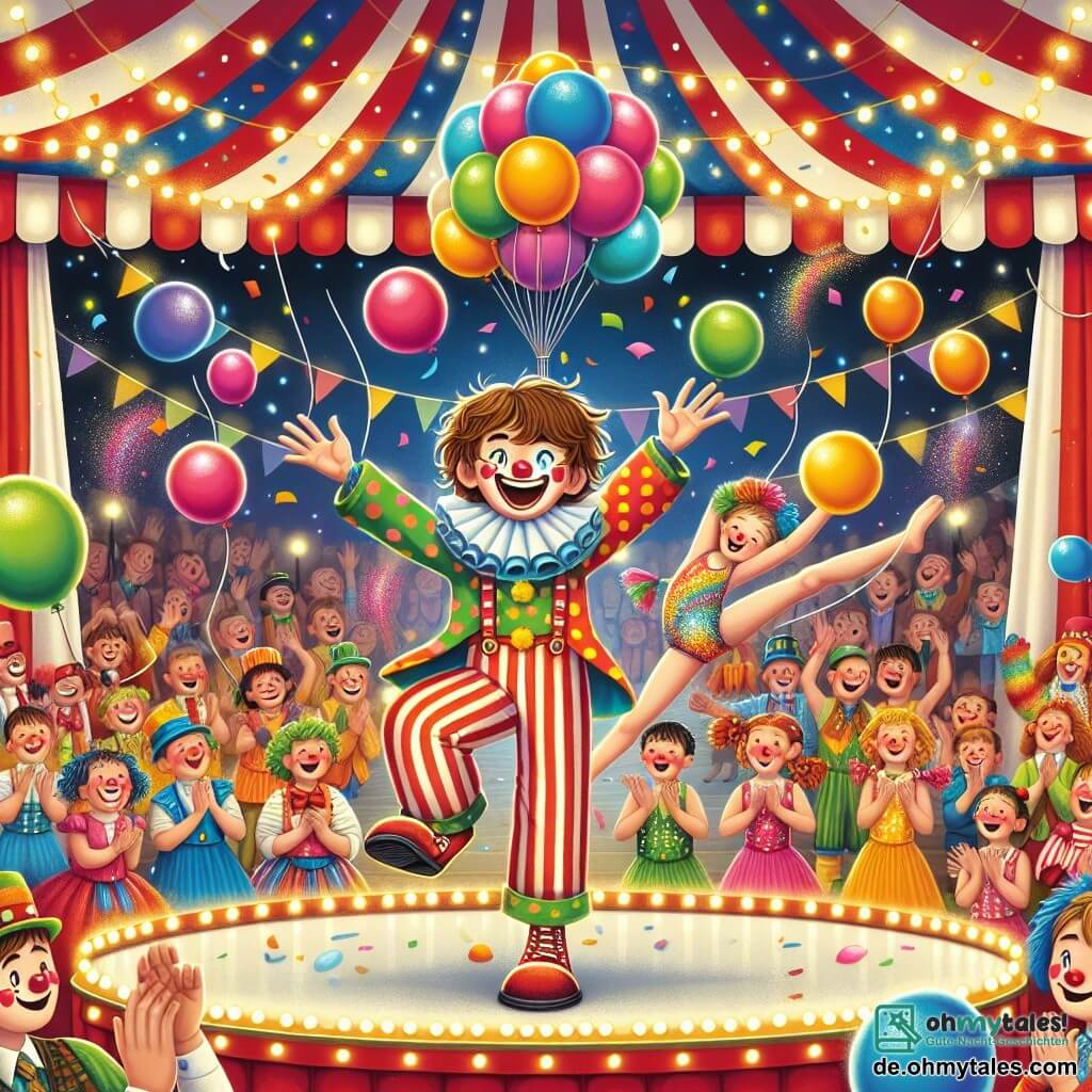 Eine Illustration zeigt eine lebendige und bunte Zirkusszene in vollem Gange. Der Ort ist ein großes rot-weiß gestreiftes Zelt, mit funkelnden Lichtern, die das Innere erhellen. Bunte Ballons schweben in der Luft, während ein begeistertes Publikum um die Manege applaudiert und lacht. Im Zentrum der Bühne jongliert ein etwa 10-jähriger Junge mit zerzausten braunen Haaren und einem großen Lächeln in einem bunten Clownskostüm mit Punkten und übergroßen Schuhen. Neben ihm steht ein etwa 9-jähriges Mädchen mit geflochtenen blonden Haaren, das als Akrobatin in einem glänzenden, glitzernden Outfit gekleidet ist und bereit ist, einen spektakulären Sprung zu machen. Der Clown jongliert mit bunten Bällen, während die Akrobatin sich auf einen eleganten Pirouettenwurf vorbereitet. Konfetti fällt vom Himmel und verleiht der festlichen Atmosphäre eine magische Note. Im Hintergrund tragen verkleidete Künstler und Zirkustiere, wie ein Elefant und ein fröhlicher Hund, zur Aufregung der Szene bei.