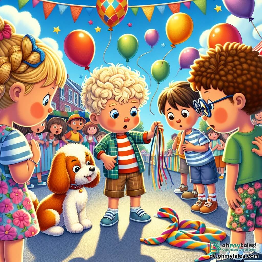Une illustration sous forme de dessin destinée aux enfants représentant une scène vibrante d'un festival de quartier, avec des ballons colorés flottant dans l'air et des guirlandes festives, où un garçon de 7 ans aux cheveux blonds et bouclés, portant une chemise à rayures et un short, examine attentivement un petit chien à collier rouge qui joue avec un tissu coloré, tandis que deux de ses amis, une fille aux cheveux bruns en tresse portant une robe à fleurs et un garçon aux lunettes rondes et à t-shirt vert, l'observent avec curiosité, tous trois cherchant à résoudre le mystère de la disparition du bâton de magie du magicien du festival.