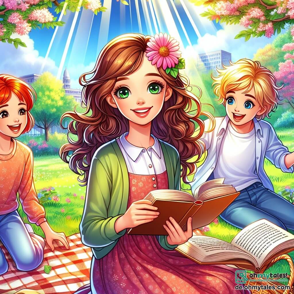 Une illustration sous forme de dessin destinée aux enfants représentant un charmant parc verdoyant avec des arbres en fleurs et un ciel ensoleillé, où une fille de 11 ans aux longs cheveux bouclés bruns et aux yeux verts, assise sur une couverture, sourit en tenant un livre ouvert, tandis que deux amis, un garçon aux cheveux blonds et une fille aux cheveux courts et roux, jouent joyeusement à côté d'elle, symbolisant le moment où ils décident de passer une journée sans écrans pour explorer la nature et vivre des aventures ensemble.