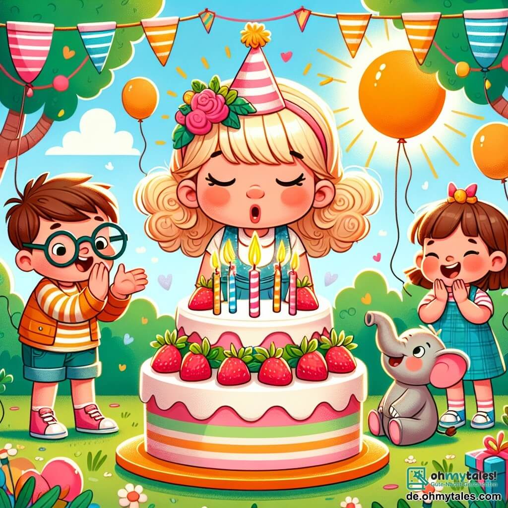 Une illustration sous forme de dessin destinée aux enfants représentant une joyeuse fête d'anniversaire dans un jardin ensoleillé, avec une petite fille de 3 ans aux cheveux bouclés et blonds, portant une robe colorée, en train de souffler sur des bougies d'un grand gâteau décoré de fraises et de crème, entourée de ses amis : un petit garçon aux cheveux bruns et aux lunettes, qui applaudit avec enthousiasme, et une petite éléphante en peluche à ses côtés, tandis que des ballons colorés flottent dans l'air et que des guirlandes festives décorent les arbres.