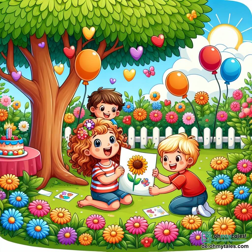 Une illustration sous forme de dessin destinée aux enfants représentant un jardin ensoleillé rempli de fleurs colorées, où une petite fille de 5 ans aux grands yeux brillants et à une chevelure bouclée et sauvage, souriante et pleine d'énergie, est assise sous un grand arbre, tenant un dessin qu'elle a fait pour son papa, tandis qu'à côté d'elle, deux enfants, un garçon aux cheveux blonds et une petite fille aux cheveux châtains, l'aident à préparer une surprise avec des ballons colorés et un gâteau, créant une atmosphère joyeuse et festive pour la fête des pères.