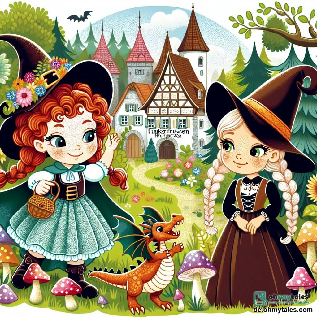 Une illustration destinée aux enfants représentant une jeune apprentie sorcière aux boucles rousses, accompagnée de sa meilleure amie sorcière aux tresses brunes, rencontrant un petit dragon espiègle dans une charmante clairière du village magique de Funkenhausen, où les champignons scintillent et les fleurs chantent.