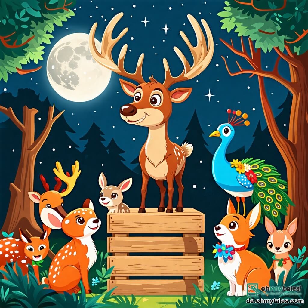 Eine Illustration zeigt eine magische Szene in einem Zoo, beleuchtet vom silbernen Licht des Mondes. Im Zentrum steht ein Rentier mit großen, funkelnden Augen und majestätischen Geweihen auf einem improvisierten Podium aus Holzkisten. Es lächelt schelmisch und ist bereit, den Beginn eines Schönheitswettbewerbs für Tiere anzukündigen. Um es herum versammeln sich verschiedene bunte Tiere, darunter ein stolzer Pfau mit strahlenden Federn, eine schelmische Ziege mit Blumen in den Hörnern und ein frecher Frettchen, das neugierig die Szene beobachtet. Im Hintergrund verleihen Laubbäume und funkelnde Sterne der Nacht einen Hauch von Magie. Die Atmosphäre ist fröhlich und festlich, erfüllt von Lachen und Aufregung, während die Tiere sich darauf vorbereiten, ihre schönsten Outfits in einer Atmosphäre von Kameradschaft und Freude zu präsentieren. Blumenketten und funkelnde Lichter schmücken das Podium und schaffen eine bezaubernde Kulisse für dieses einzigartige Ereignis.